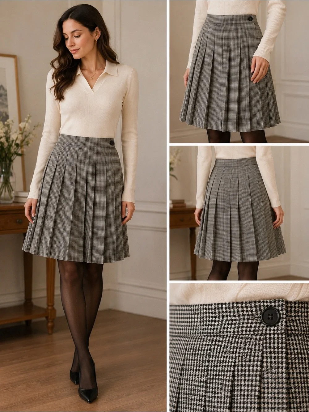 Vintage Pleated Houndstooth Skirt | Academia | Old Money | Timeless - Picture 1 of 7